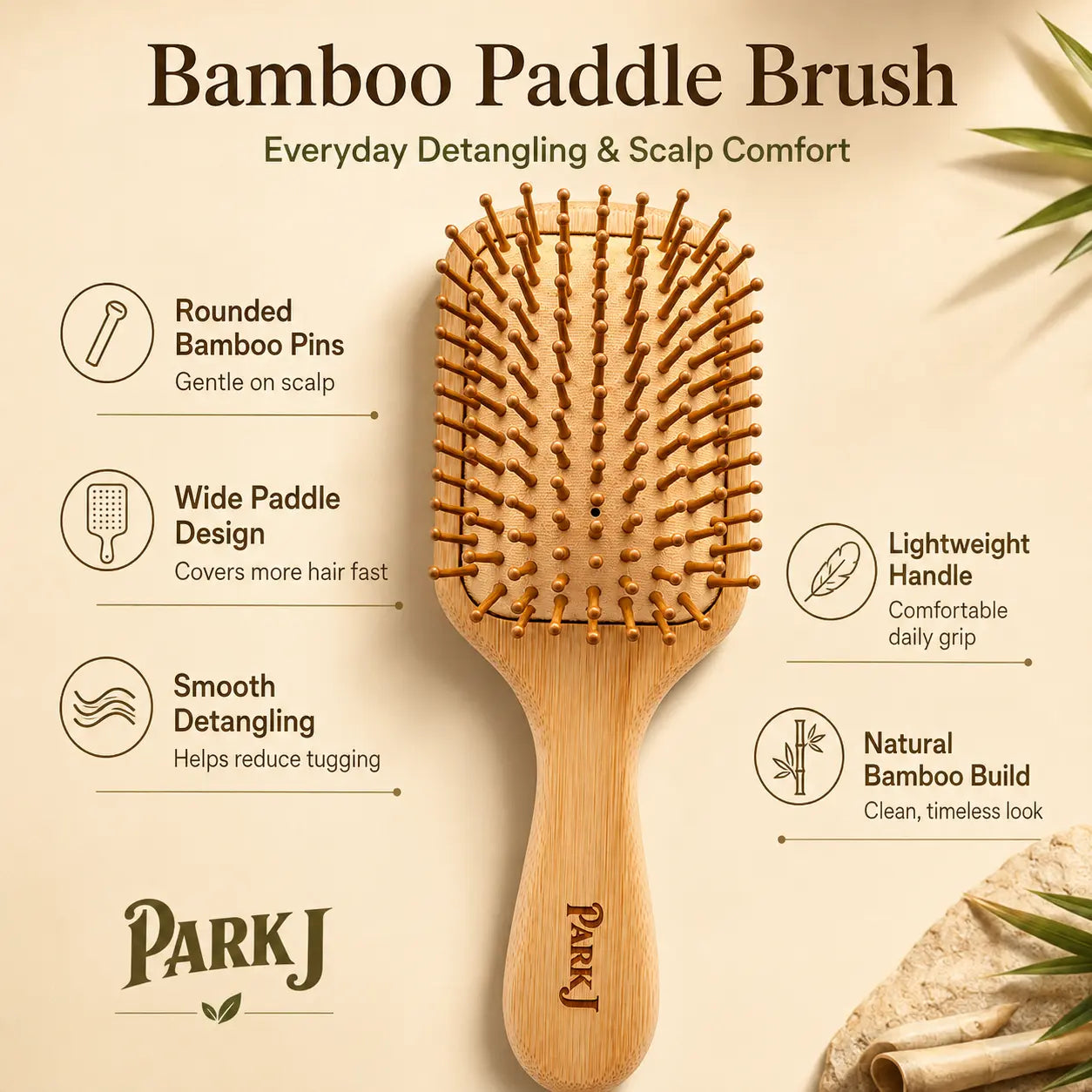 Park J Bamboo Paddle Detangling Hair Brush